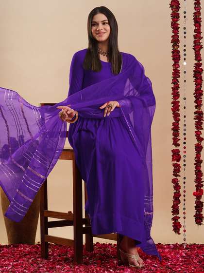 KALINI Scoop Neck Anarkali Kurta With Trousers & Dupatta