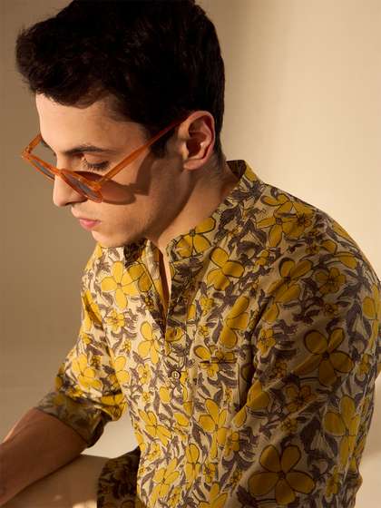 DENNISON Floral Hand Block Printed Mandarin Collar Cotton Short Kurta