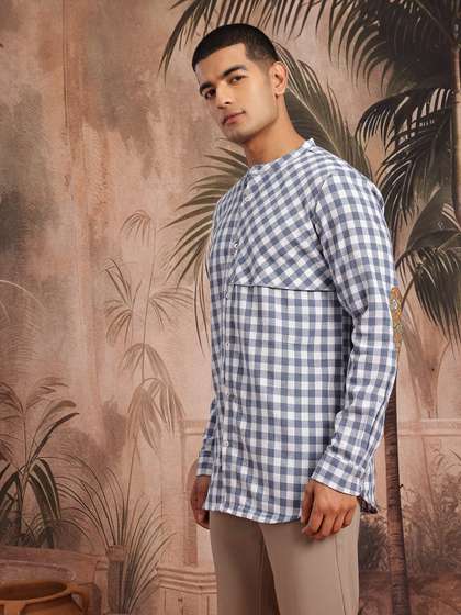 Sangria Gingham
                        Checks Mandarin Collar Button-Down Straight
                        Kurta with Patchworks