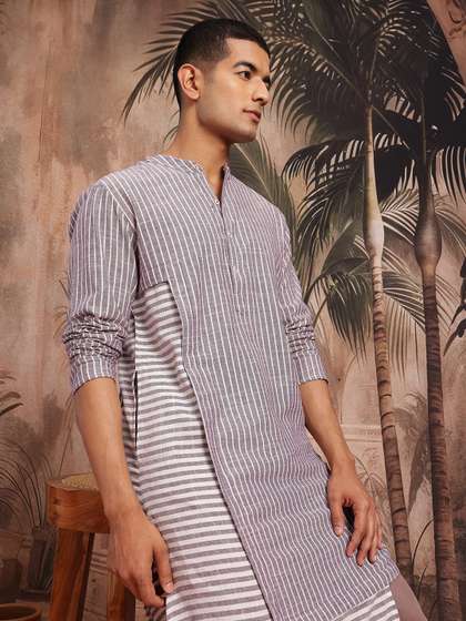 Sangria Striped
                          Mandarin Collar Button-Down Asymmetric
                          Straight Kurta