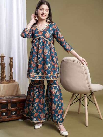 CurlyTales Girls Floral Printed Angrakha Gotta Patti Kurta with Sharara & Cotton Blend