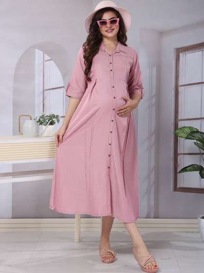 EASY MOM Women
                        Maternity Shirt Collared Midi Shirt Style Dress