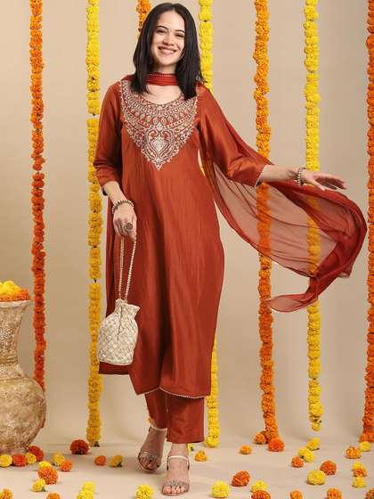 GoSriKi Floral Embroidered Sequinned Straight Kurta With Trouser & Dupatta