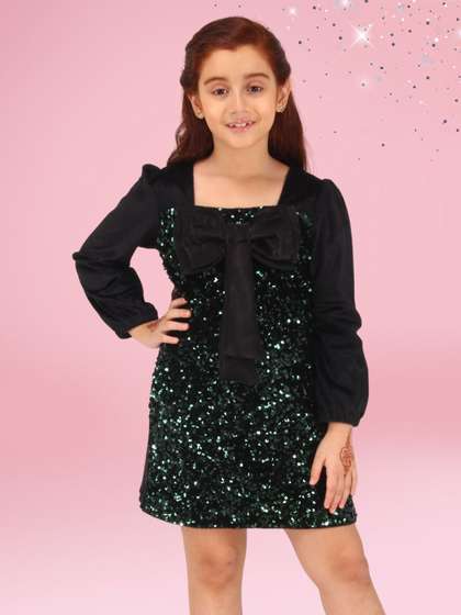 CUTECUMBER Girls Sequin
                    Embellished Sheath Dress With Elegant Bow Detail