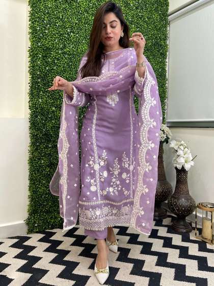 GoSriKi Floral Embroidered Thread Work Straight Kurta With Trousers & Dupatta