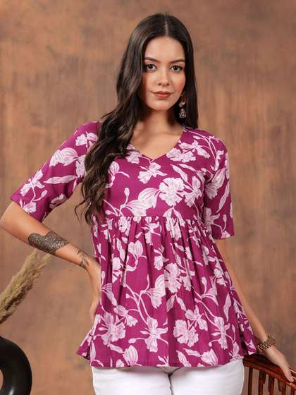 HIBIKI Women Floral Print Twisted Pure Cotton Peplum Top