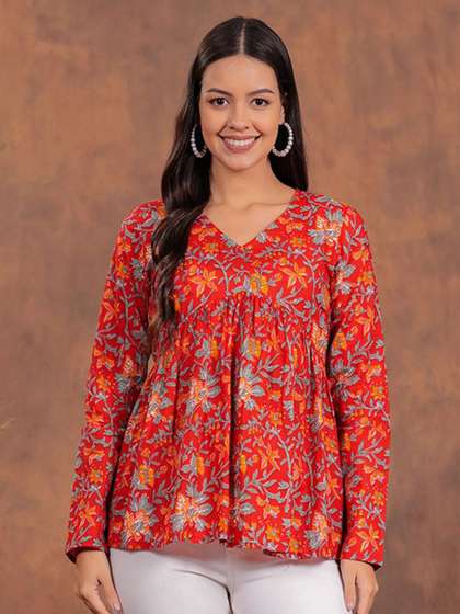 HIBIKI Ethnic Motif Printed Peplum Pure Cotton Top