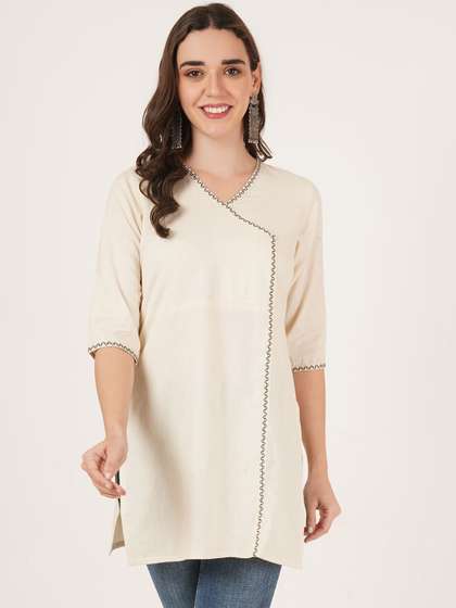 Brownverse V-Neck Angrakha Cotton Straight Kurti