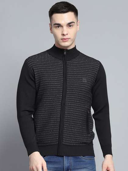 Monte Carlo Men Self
                        Design Mock Collar Open-Front Sweaters