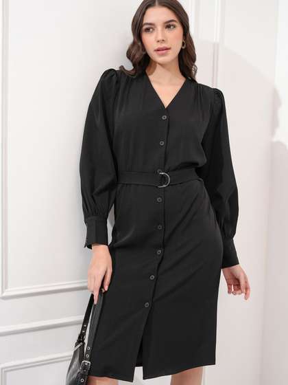 Tokyo Talkies Women
                        Solid Bishop Sleeve Buttoned Midi Dress
