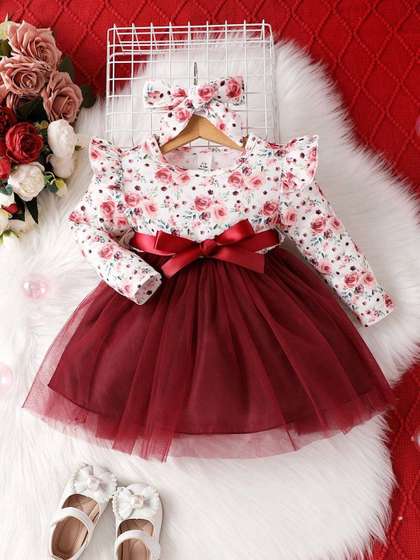 Miss & Chief Girls
                      Floral Print Net Fit And Flare Dress With Bow