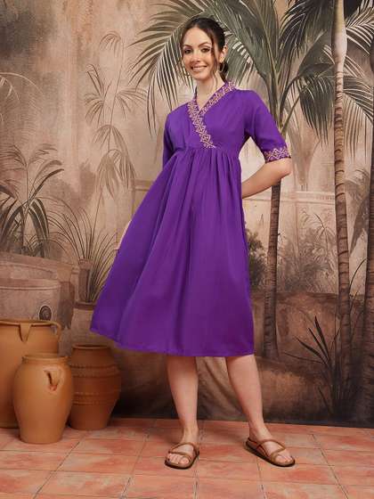 Sangria Embroidered
                        Pleated Ethnic A-Line Midi Dress