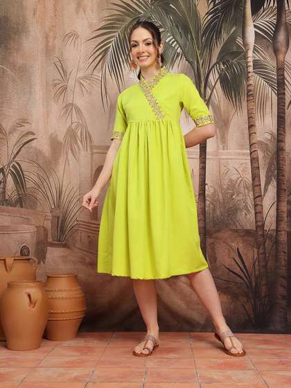 Sangria
                          Embroidered Pleated Ethnic A-Line Midi Dress