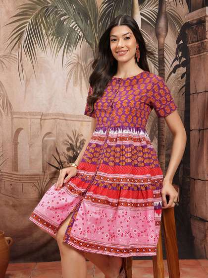 Sangria Floral Print
                        Cotton A-Line Ethnic Dress