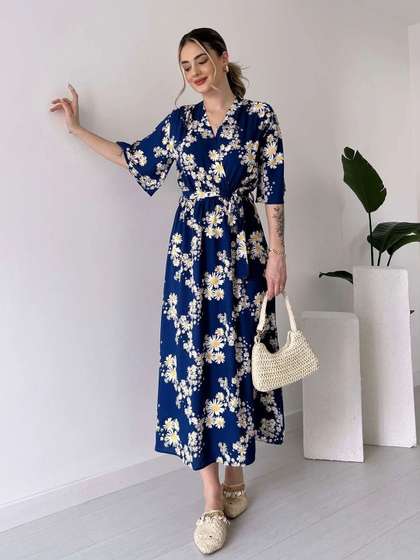 MANOJAVA Women
                        Cotton Floral Printed Wrap Midi Dress