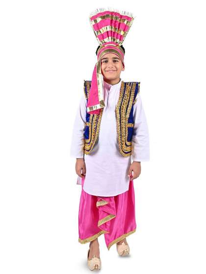 itsmycostume White and
                    Pink Punjabi Folk Dance Costume Set With Blue Jacket
                    & Turra