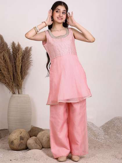 Inddus Girls Chevron
                    Embroidered A-Line Kurta With Palazzos
