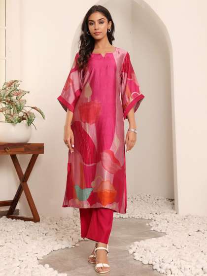Varanga Abstract
                        Printed Notch Neck Chanderi Silk Straight Kurta
                        With Trousers