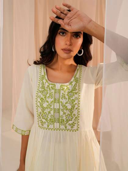 Libas Floral Embroidered Sequinned Work Scoop Neck Pleated Pure Cotton A-Line Kurta