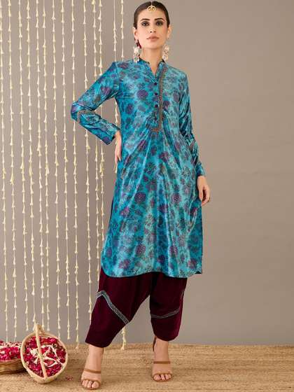 STADO Floral Printed Velvet Mandarin Collar Straight Kurta With Salwar