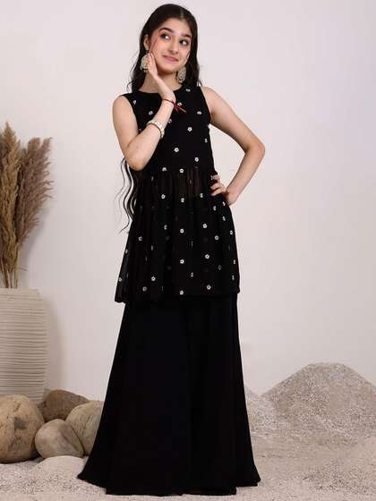 Inddus Girls Floral
                    Embroidered Georgette Pleated Keyhole Neck A-Line
                    Kurta With Palazzos
