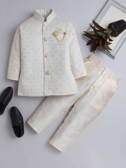 ahhaaaa Boys Ethnic
                    Motifs Embroidered Thread Work Jacquard Dupion Silk
                    Kurta With Trouser