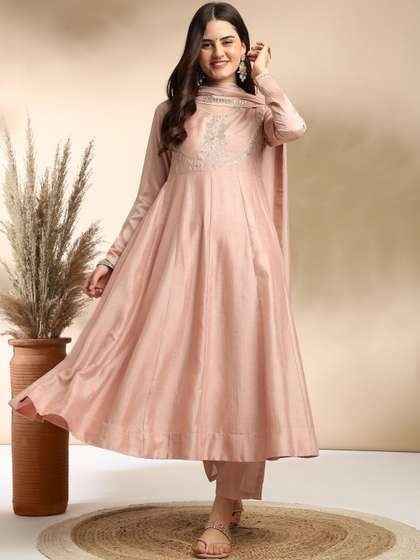 MOKOSH Women Silk
                          Embroidered Anarkali Kurta And Pant With
                          Dupatta Set