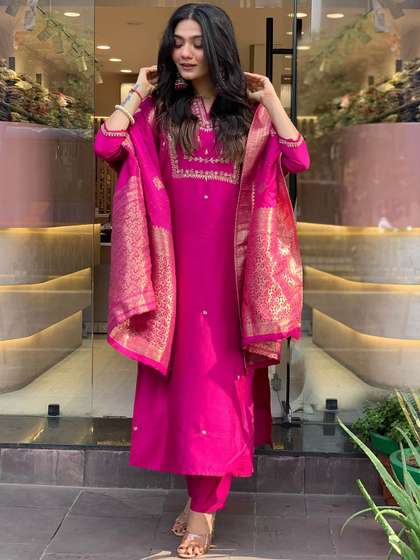 GoSriKi Floral Embroidered Sequinned Straight Kurta With Trousers & Dupatta