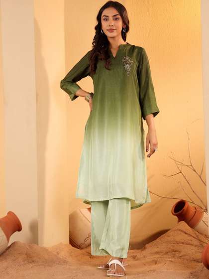 Varanga Green
                          Ombre Dyed Mandarin Collar Sequinned Kurta
                          With Trouser