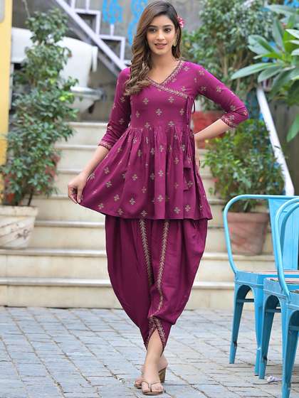 KASHISHIYA Floral Printed V-Neck Angrakha Anarkali Kurti With Dhoti Pants