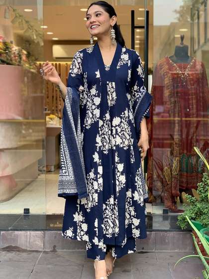 GoSriKi Floral Printed V-Neck A-Line Kurta With Palazzos And Dupatta