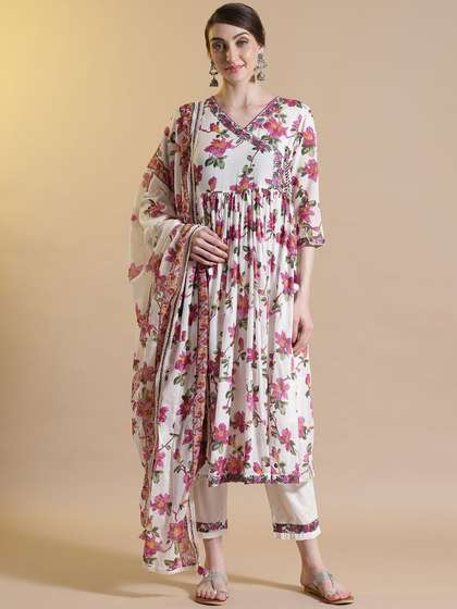 SHAHAD Floral Printed Angrakha Thread Work Pure Cotton Kurta With Trousers And Dupatta