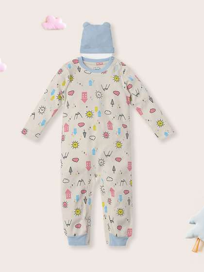Nauti Nati Boys Printed
                    Pure Cotton Romper With Contrast Beanie