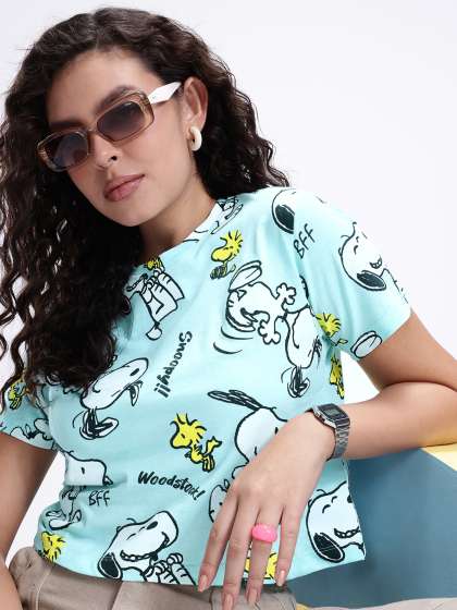 Kook N Keech Peanuts Printed Drop-Shoulder Sleeves Relaxed Fit Crop T-shirt