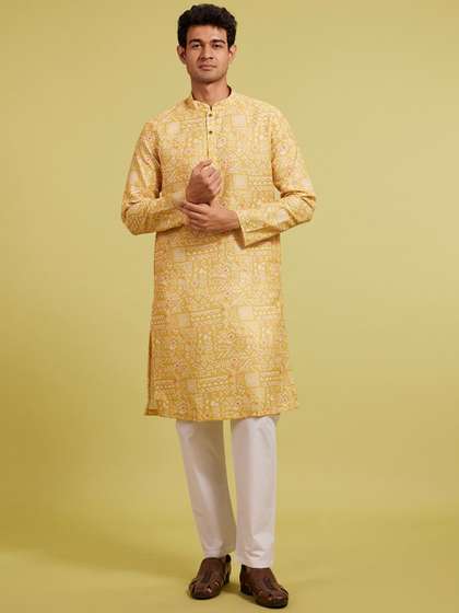 Diwas by Manyavar Geometric Printed Cotton Mandarin Collar Straight Kurta