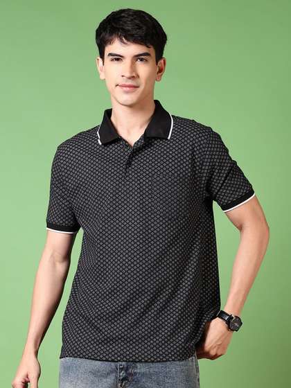V-Mart Men Geometric Printed Polo Collar Cotton T-shirt
