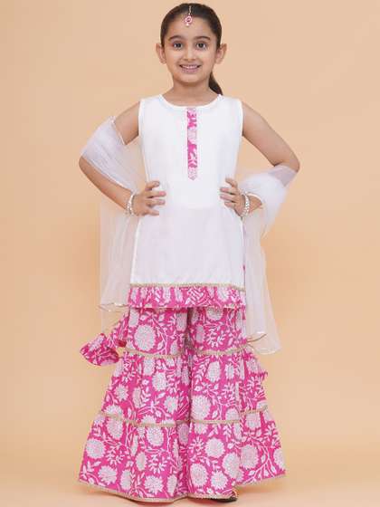 Modish Couture Girls
                    Round Neck Sleeveless Kurta With Sharara And
                    Dupatta