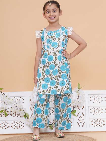 Modish Couture Girls
                    Floral Printed Round Neck Cap Sleeves Straight Kurta
                    With Trouser