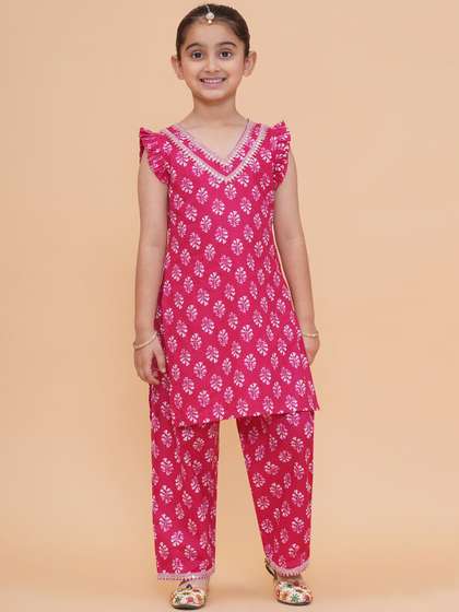 Modish Couture Girls
                    Floral Printed V-Neck Sequinned Straight Kurta With
                    Palazzos