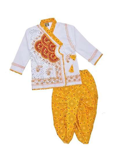 PK HUB Boys Ethnic
                    Motifs Printed Angrakha Straight Pure Cotton Kurta
                    With Dhoti Pants