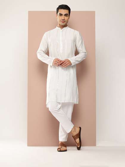 See Designs Men
                          Embroidered Sequinned Chanderi Silk Kurta with
                          Pyjamas