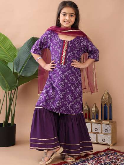 Sangria Girls Purple
                    Bandhani Printed Sequinned Kurta With Sharara And
                    Dupatta
