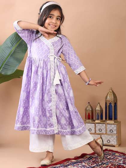 Sangria Girls Yellow
                    Angrakha Floral Printed Cotton Anarkali Kurta With
                    Palazzos