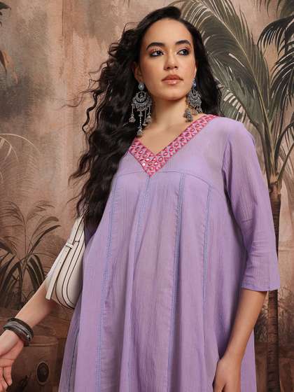 Sangria Mirror Work
                        Lace Inserts Paneled A-line Ethnic Dress