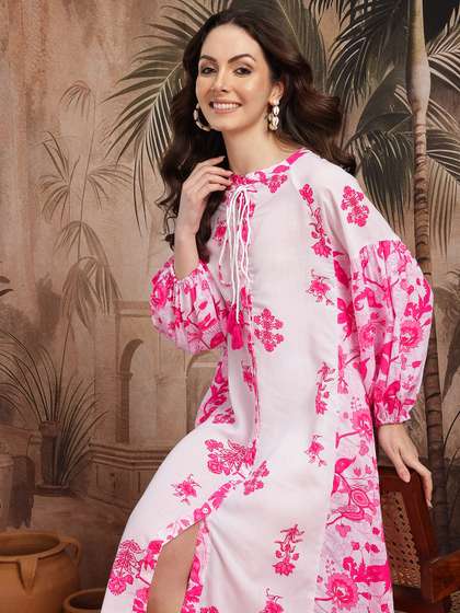 Sangria Floral Print
                        Tie-up Neck Paneled Shirt Style Dress