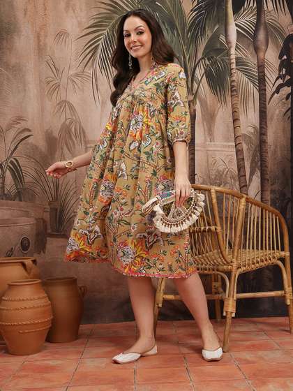 Sangria Floral Print
                        Pure Cotton Gathered Ethnic Midi Empire Dress
                        with Lace Inserts