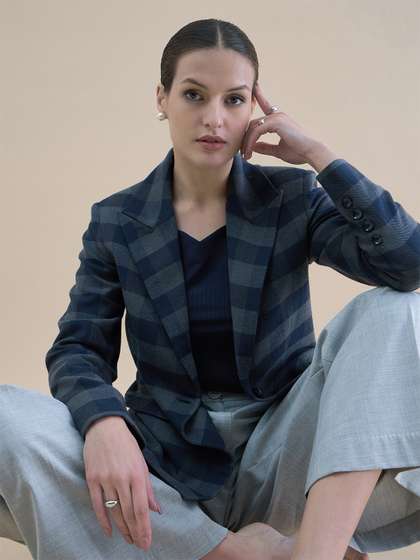 PowerSutra Women
                        Navy Blue Checked Single Breasted Formal Blazer