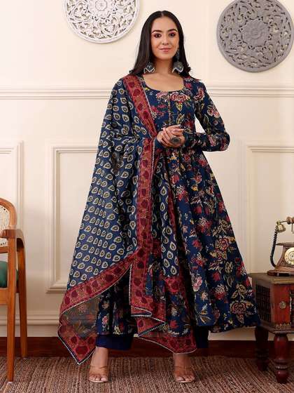 KALINI Floral
                            Printed Anarkali Kurta With Trousers And
                            Dupatta
