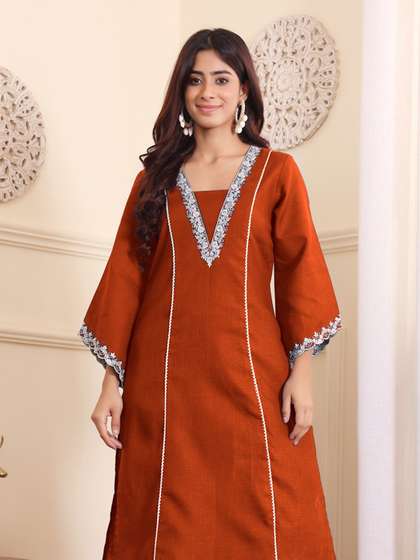 Varanga V-Neck
                        Embroidered Thread Work Straight Kurta With
                        Trousers