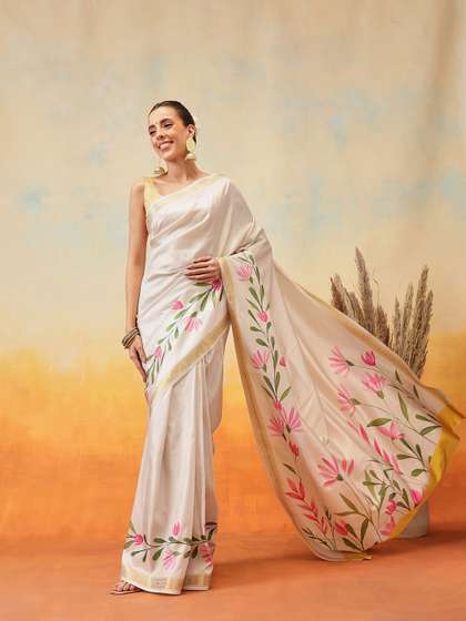 Silk Land Floral
                        Printed Zari Ready to Wear Kasavu Saree